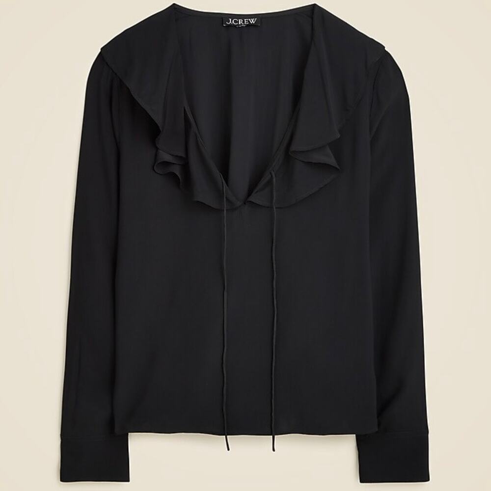 J Crew Goldie Satin Ruffle Neck Long Sleeve Top Women's XXS Black